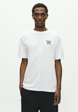 White cotton t-shirt with a round neckline, short sleeves, and a blue logo on the left chest. Simple, classic cut with a smooth texture.
