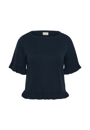 Top corto a maniche corte in maglia blu navy scuro con bordi arricciati sulle maniche e sull'orlo, scollatura tonda e silhouette aderente.