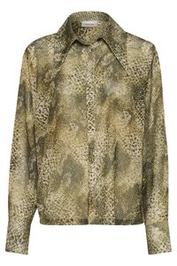 Camicia a maniche lunghe in tessuto leggero con motivo a stampa serpente verde e beige, colletto classico e chiusura con bottoni.