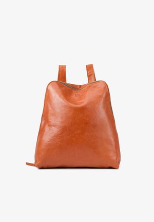 Orange leather backpack with a smooth texture, rounded shape, and minimalistic design. Features two sturdy straps and a zipper closure.