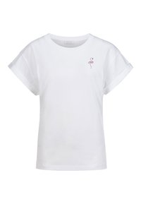 T-shirt bianco in cotone con maniche corte arrotolate, caratterizzato da un piccolo design di fenicottero viola sul lato sinistro anteriore.