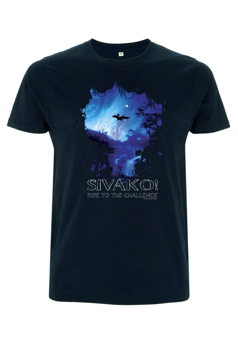Czarny bawełniany t-shirt z niebieskim i fioletowym wzorem przedstawiającym krajobraz z drzewami, księżycem oraz napisem "SIVAKO! PODNIEŚ SIĘ NA WYZWANIE."