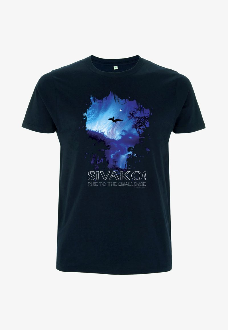 Czarny bawełniany t-shirt z niebieskim i fioletowym wzorem przedstawiającym krajobraz z drzewami, księżycem oraz napisem "SIVAKO! PODNIEŚ SIĘ NA WYZWANIE."