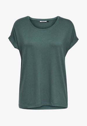 Green short-sleeve t-shirt made of soft material, featuring a round neckline and rolled sleeves, with a relaxed fit and smooth texture.