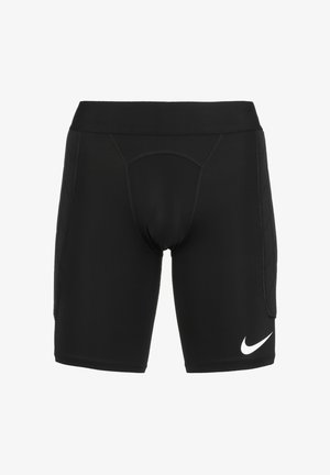Pantaloncini sportivi neri in tessuto elasticizzato, con design aderente, ampio cinturino in vita e logo Nike bianco sulla gamba sinistra.