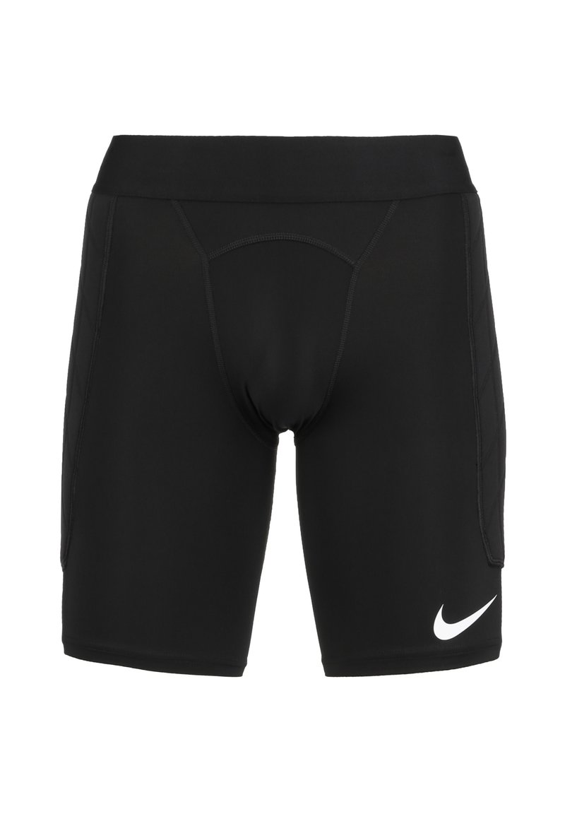 Schwarze Sportshorts aus dehnbarem Stoff, mit engem Schnitt, breitem Bund und weißem Nike-Logo am linken Bein.