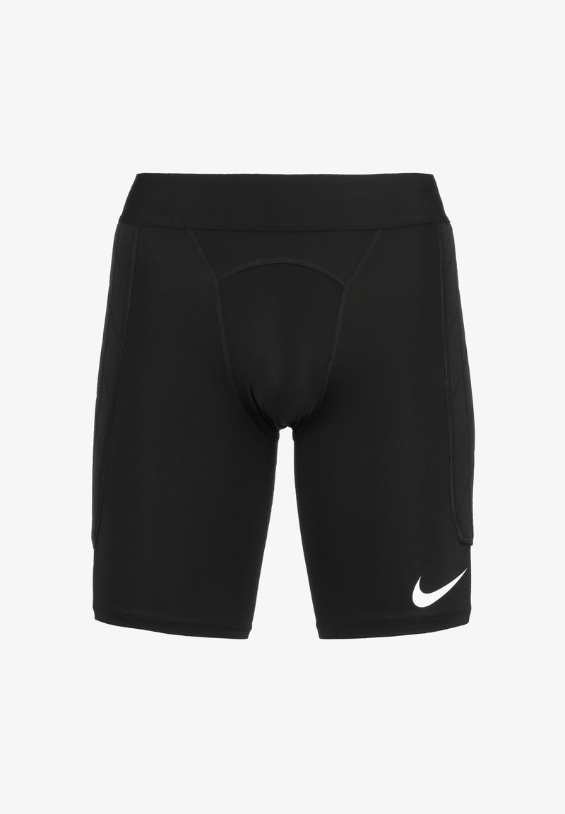 Schwarze Sportshorts aus dehnbarem Stoff, mit engem Schnitt, breitem Bund und weißem Nike-Logo am linken Bein.