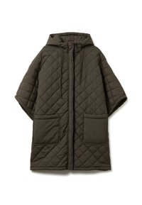 Cappotto trapuntato verde con cappuccio e maniche corte, dotato di due tasche anteriori a toppa e chiusura con zip, realizzato in un tessuto liscio e testurizzato.