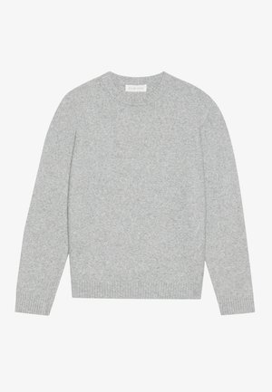Ljust grått ulltröja med rund hals, långa ärmar och ribbade muddar och fåll. Mjuk struktur med en solid, minimalistisk design.