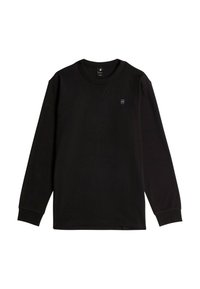 Schwarzes langärmeliges T-Shirt mit V-Ausschnitt, aus weichem Stoff gefertigt, mit kleinem Logo auf der Brust und gerippten Bündchen.