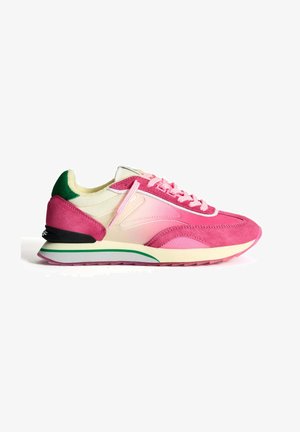 Pink and cream sneaker with suede and leather materials. Green accent on the heel, pink laces, and layered sole featuring a green stripe.