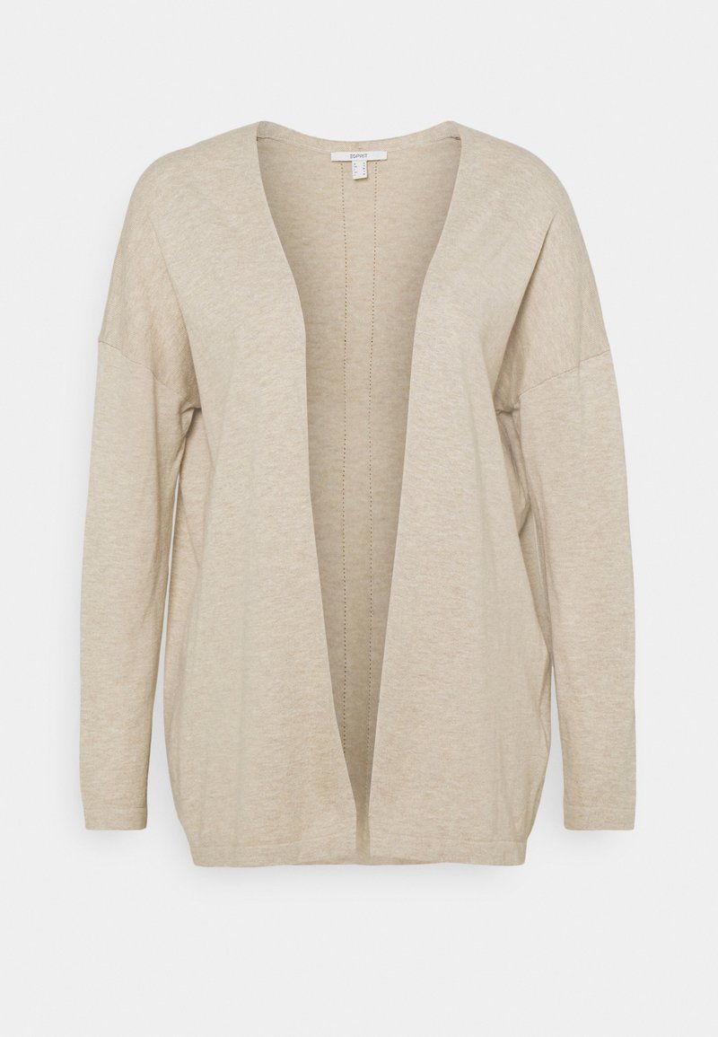 Beige öppen cardigan gjord av mjukt, lätt tyg med långa ärmar, lös passform och minimal sömdetalj längs mitten.