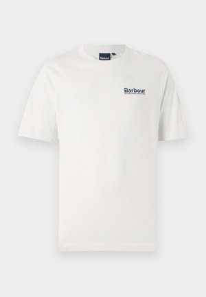 White cotton t-shirt with short sleeves, crew neck, and a blue embroidered "Barbour" logo on the left chest. Soft texture, standard fit.
