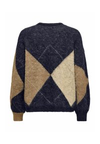 Pull duveteux bleu foncé, beige et crème avec de grands motifs en losange et des poignets côtelés, vu de dos sur fond blanc.