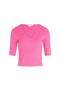 Strak gesneden t-shirt met korte mouwen in felroze ribgebreid, met een diepe V-hals en subtiele details aan de mouwranden.