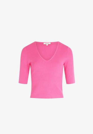 Strak gesneden t-shirt met korte mouwen in felroze ribgebreid, met een diepe V-hals en subtiele details aan de mouwranden.