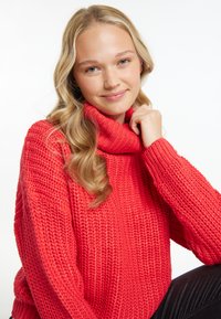 Roter Strickrollkragenpullover mit strukturiertem Rippmuster, weiten Ärmeln und entspannter Passform, getragen von einem Modell mit welligem Haar vor einem neutralen Hintergrund.