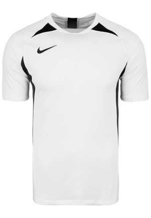 T-shirt de sport blanc à manches courtes avec des panneaux latéraux noirs et des accents aux épaules, arborant un logo Nike swoosh noir sur le côté droit de la poitrine.