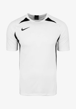 Valkoinen lyhythihainen urheilupaita, jossa on mustat sivupaneelit ja olkapääkoristeet, ja oikeassa rinnassa musta Nike Swoosh -logo.