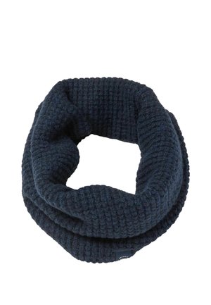 Dark navy blue knitted infinity scarf with thick waffle texture, folded in a circular shape on a white background.