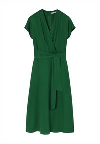 Rochie verde înfășurată, cu mâneci scurte, decolteu în V și curea din material. Confectionată dintr-un material neted, are fustă de lungime până la genunchi și fermoar la spate.