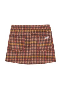 Bruine geruite mini-jurk met rode en gele accenten, twee achterzakken en een klein wit label met "91" op de rechterzak.