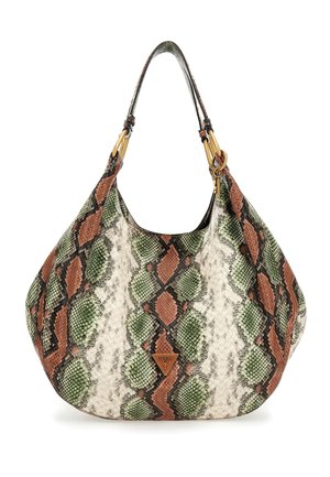 Hobo-style handbag with green, brown, and beige snakeskin pattern, gold-tone hardware, and triangular Guess logo on front center.
