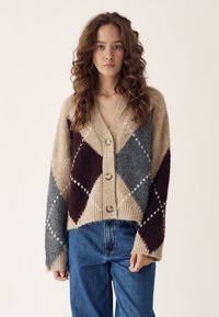 Noor daamidega naine, kes kannab nööbitavat beežikat kardigaani halli ja tumepunase argyle mustriga ning siniseid teksaseid.