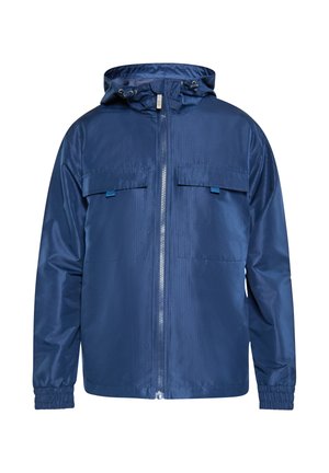 Giacca blu navy realizzata in materiale liscio e leggero, con zip frontale, cappuccio regolabile e due tasche sul petto con patta.