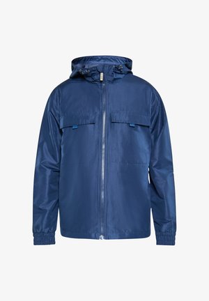 Giacca blu navy realizzata in materiale liscio e leggero, con zip frontale, cappuccio regolabile e due tasche sul petto con patta.