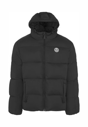 Czarna pikowana kurtka puchowa z zamkiem błyskawicznym z przodu, kapturem i przeszywanym wzorem. Posiada boczne kieszenie oraz okrągłe logo na piersi.