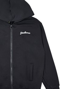 Felpa nera con zip realizzata in un mix di cotone, dotata di cappuccio, tasche laterali e testo ricamato "Disclaimer" sul petto.