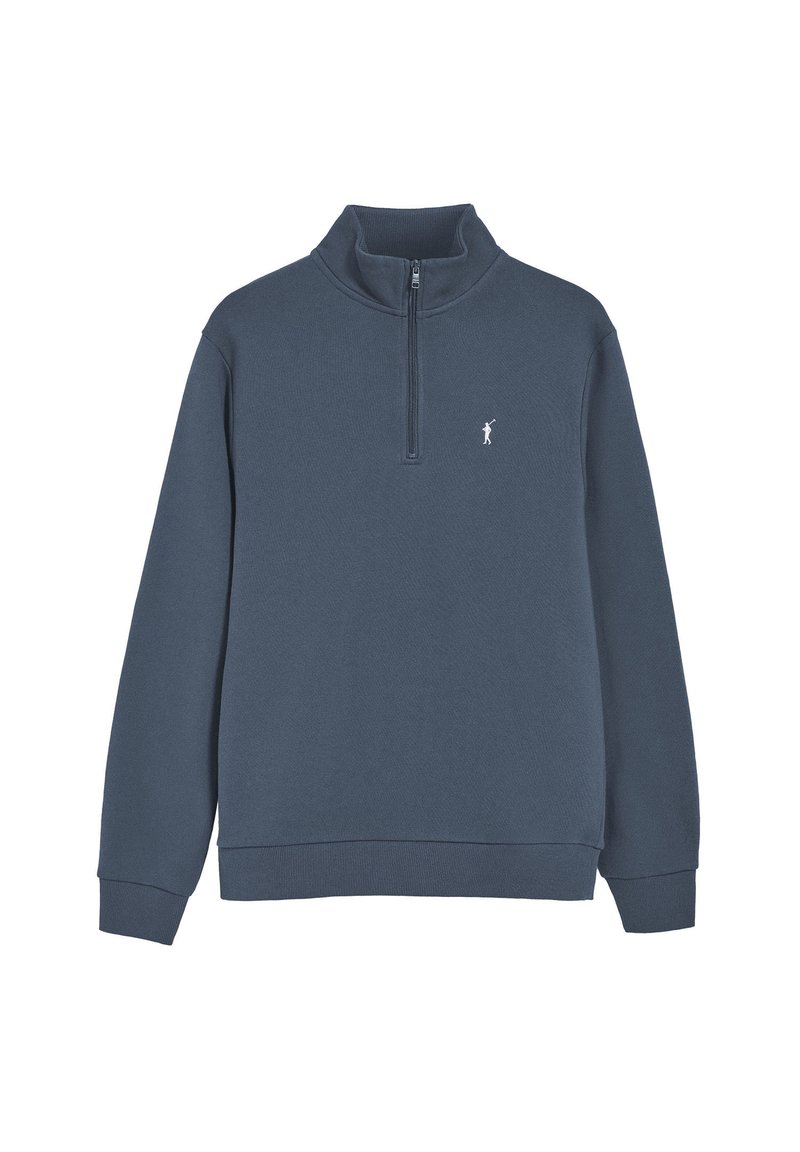 Marineblauwe fleece pullover met een hoge kraag, kwartrits en geribbelde mouwen. Heeft een klein wit logo op de linkerkant van de borst.