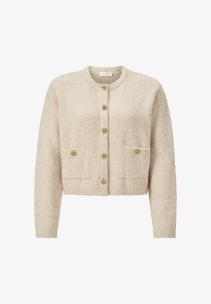 Cream fuzzy cardigan with a round neckline, four gold-toned buttons, and two front pockets. Textured fabric with a soft, cozy appearance.
