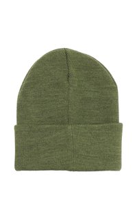 Cappello beanie lavorato a maglia verde con una texture morbida, un risvolto e design senza cuciture. Il materiale sembra caldo ed elastico.