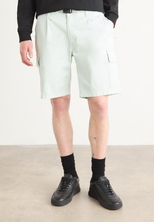 Light green cargo shorts made of cotton, featuring side pockets and a relaxed fit. Worn with black sneakers and crew-length socks.