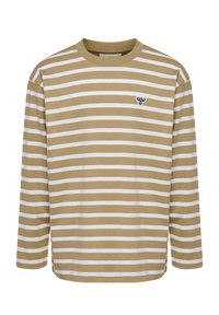 GestreIFtes Langarmshirt in Beige und Weiß. Hergestellt aus weichem Stoff, mit einem runden Ausschnitt und einem kleinen Logo-Detail auf der Brust.