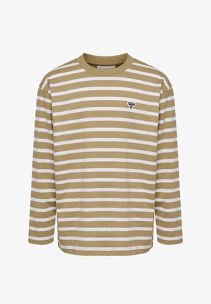 Beżowo-biała, paskowana koszula z długim rękawem. Wykonana z miękkiego materiału, posiada okrągły dekolt oraz mały akcent logo na piersi.