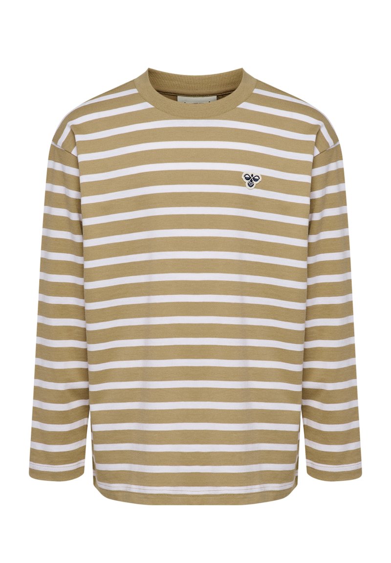 GestreIFtes Langarmshirt in Beige und Weiß. Hergestellt aus weichem Stoff, mit einem runden Ausschnitt und einem kleinen Logo-Detail auf der Brust.