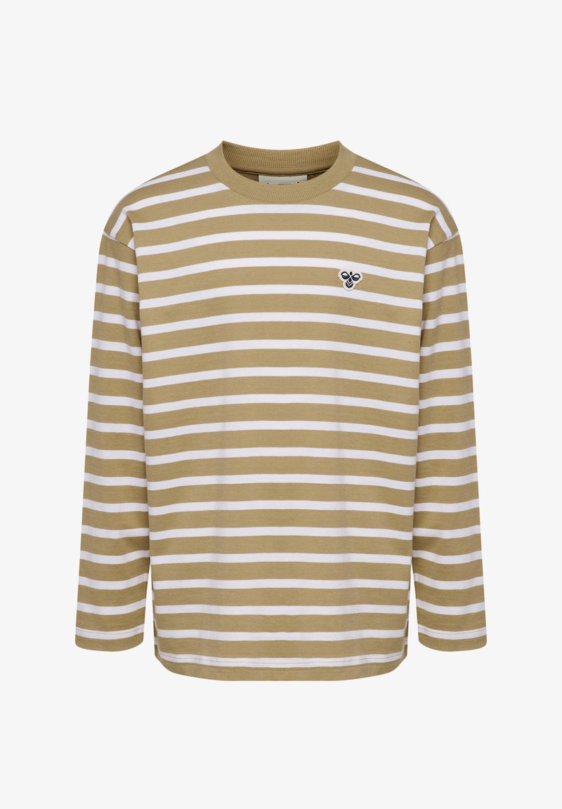 GestreIFtes Langarmshirt in Beige und Weiß. Hergestellt aus weichem Stoff, mit einem runden Ausschnitt und einem kleinen Logo-Detail auf der Brust.