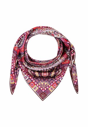 Silk scarf with red, pink, purple, and white paisley and floral patterns folded into a triangular shape on a white background.