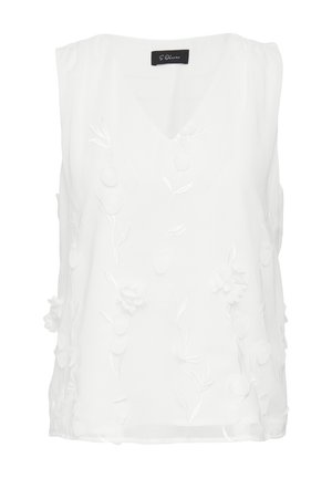Haut sans manches blanc avec un col en V, présentant des broderies florales et des accents texturés. Tissu léger et semi-transparent avec une finition lisse.