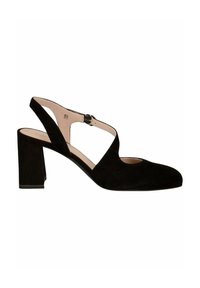 Zapato slingback de ante negro con tacón cuadrado, frente con corte en V profundo y correa ajustable en el tobillo. Forro interior suave y diseño minimalista.