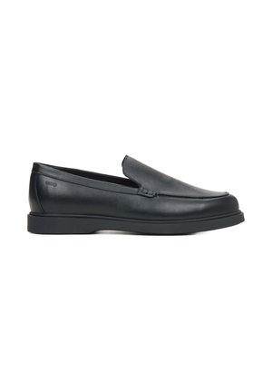Schwarze Lederschlupfschuhe mit runder Zehenform, ausgestattet mit einem glatten Finish, dezenten Nähdetails und einer Gummisohle.