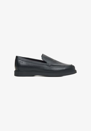 Black leather slip-on shoes with a rounded toe, featuring a smooth finish, subtle stitching detail, and a rubber sole.