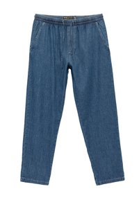 Pantalones de mezclilla con una cinturilla el�ástica, cordón, dos bolsillos laterales y un ajuste relajado. La tela es de un color azul medio sólido.
