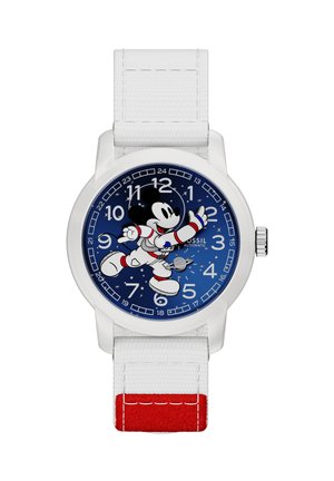 Reloj de pulsera con correa blanca y esfera azul con Mickey Mouse vestido de astronauta como manecillas y números blancos.
