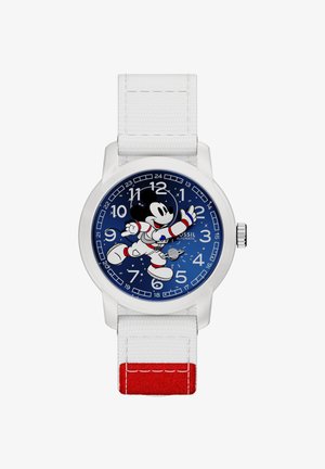 Biały pasek zegarka na rękę z niebieską tarczą, na której Mickey Mouse w skafandrze astronauty jest wskazówkami zegara, a cyfry są białe.