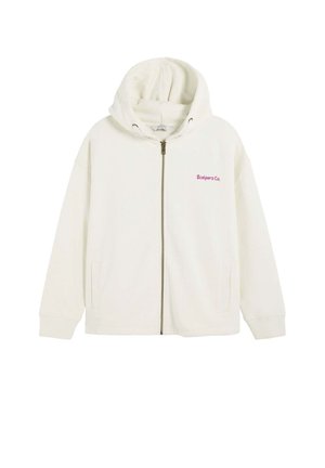 Sudadera blanca con cremallera y capucha, bolsillos delanteros, puños acanalados y pequeño logo rosa "Scalpers Co." en el pecho izquierdo.