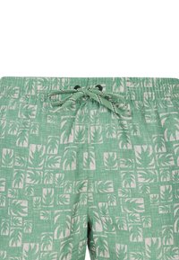 Gröna shorts med ett lövmönster i vitt, tillverkade av ett texturerat tyg och med ett elastiskt midjeband. Inkluderar en dragsko för justerbarhet.